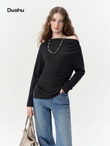 DUSHU Women Off Shoulder Drape Cowl Neck Long Sleeve T-Shirt Commute Minimalist Ruched Slim Draped Elegant Casual Fashion Tee