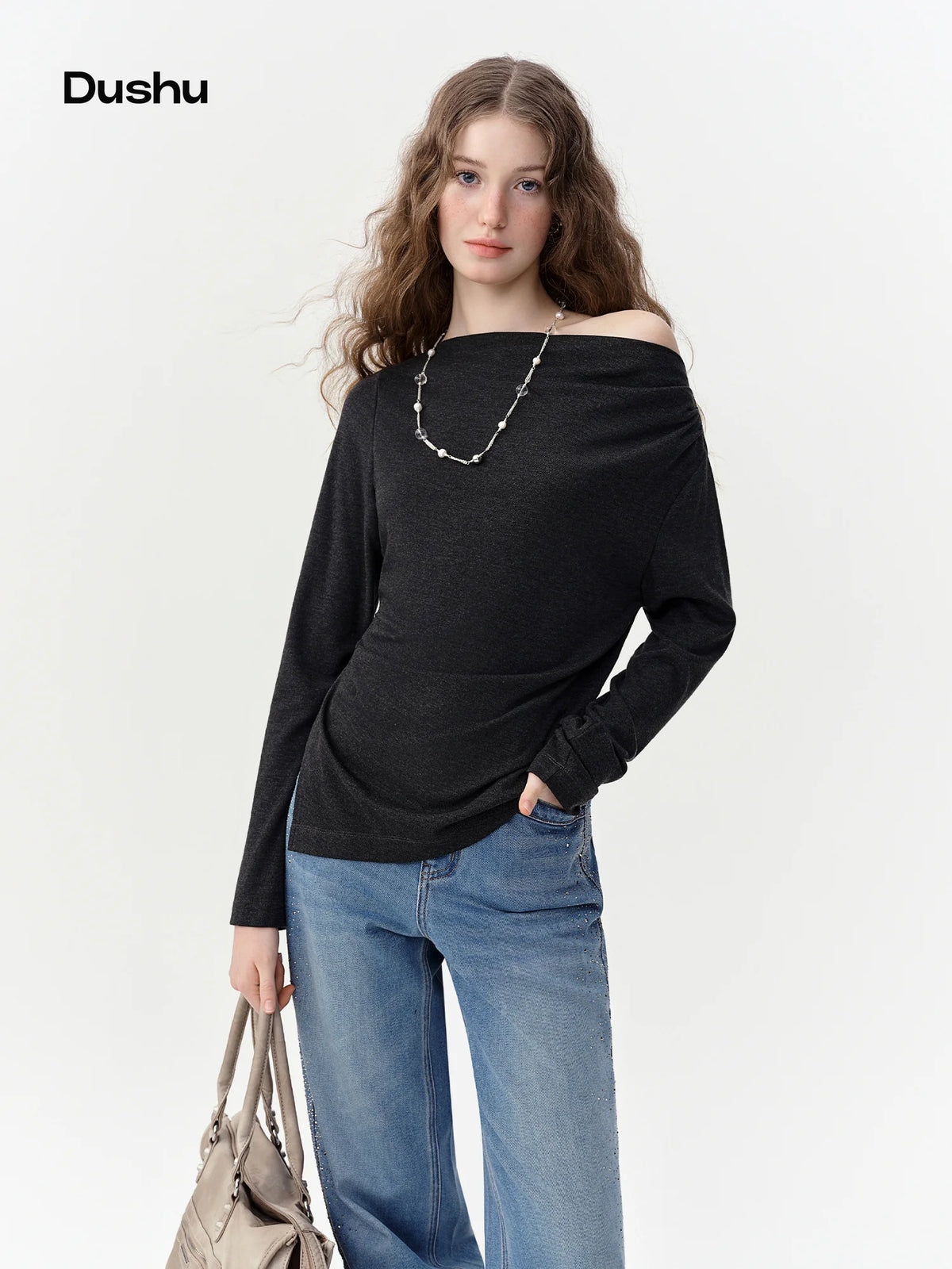 DUSHU Women Off Shoulder Drape Cowl Neck Long Sleeve T-Shirt Commute Minimalist Ruched Slim Draped Elegant Casual Fashion Tee