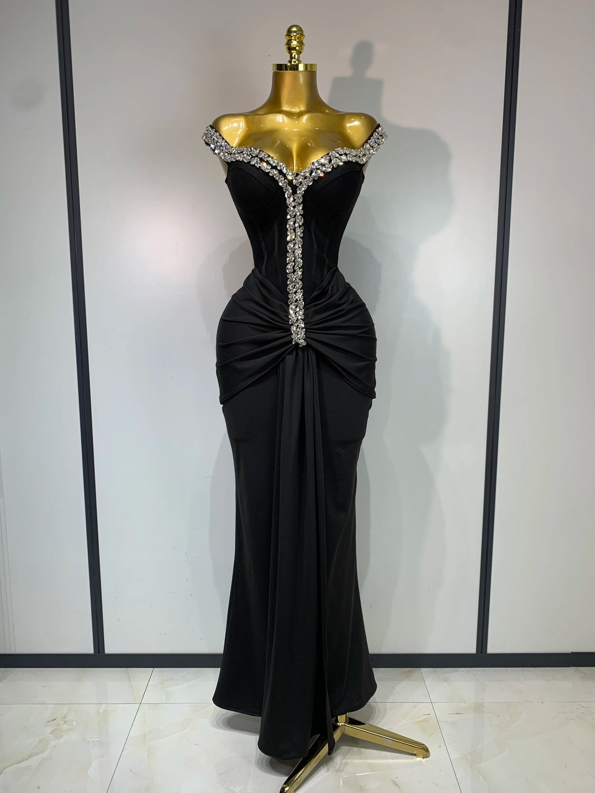 Women Sexy Off Shoulder Black Long Diamond Bodycon Bandage Dresses Celebrity Elegant Evening Party Nightclub Wedding Guest Dress