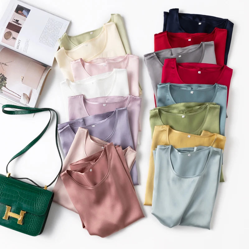 Benefits! Flowing Gem Series Basic Style Versatile Round Neck 100% Mulberry Silk Short Sleeve Silk Satin T-Shirt Top