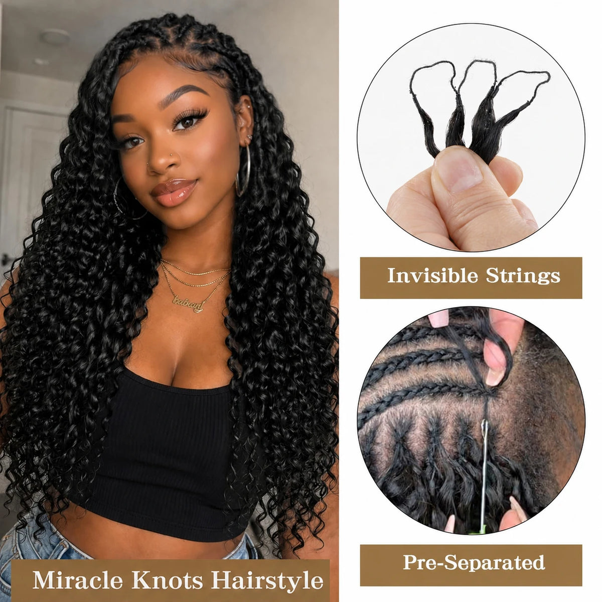 Deep Wave Feather Crochet Human Hair Extensions Knotless Miracle Knots Hair Pre-Separated Pre-Fluffed Deep Curly Human Crochet Hair With String Pre-Looped Reusable Lightweight 60G/pack