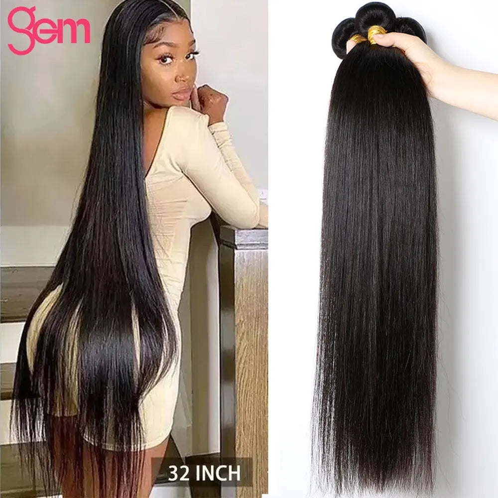 GEM 100% Human Hair Straight Bundles Brazilian Weaving For Women 1 3 4 Bundle Deal Natural Color 12-32Inch Human Hair Extensions