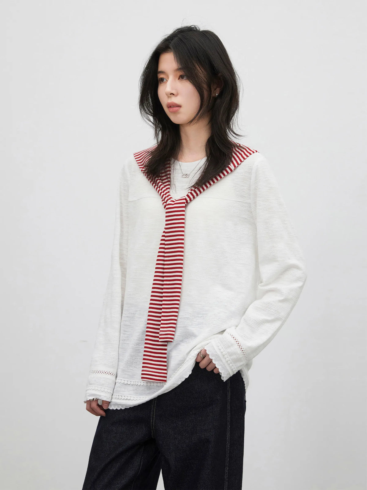 CHIC VEN Women T-Shirts Loose Casual Simple Lace Round Neck Long Sleeve Tees Micro Transparent Female Top Spring Summer 2026