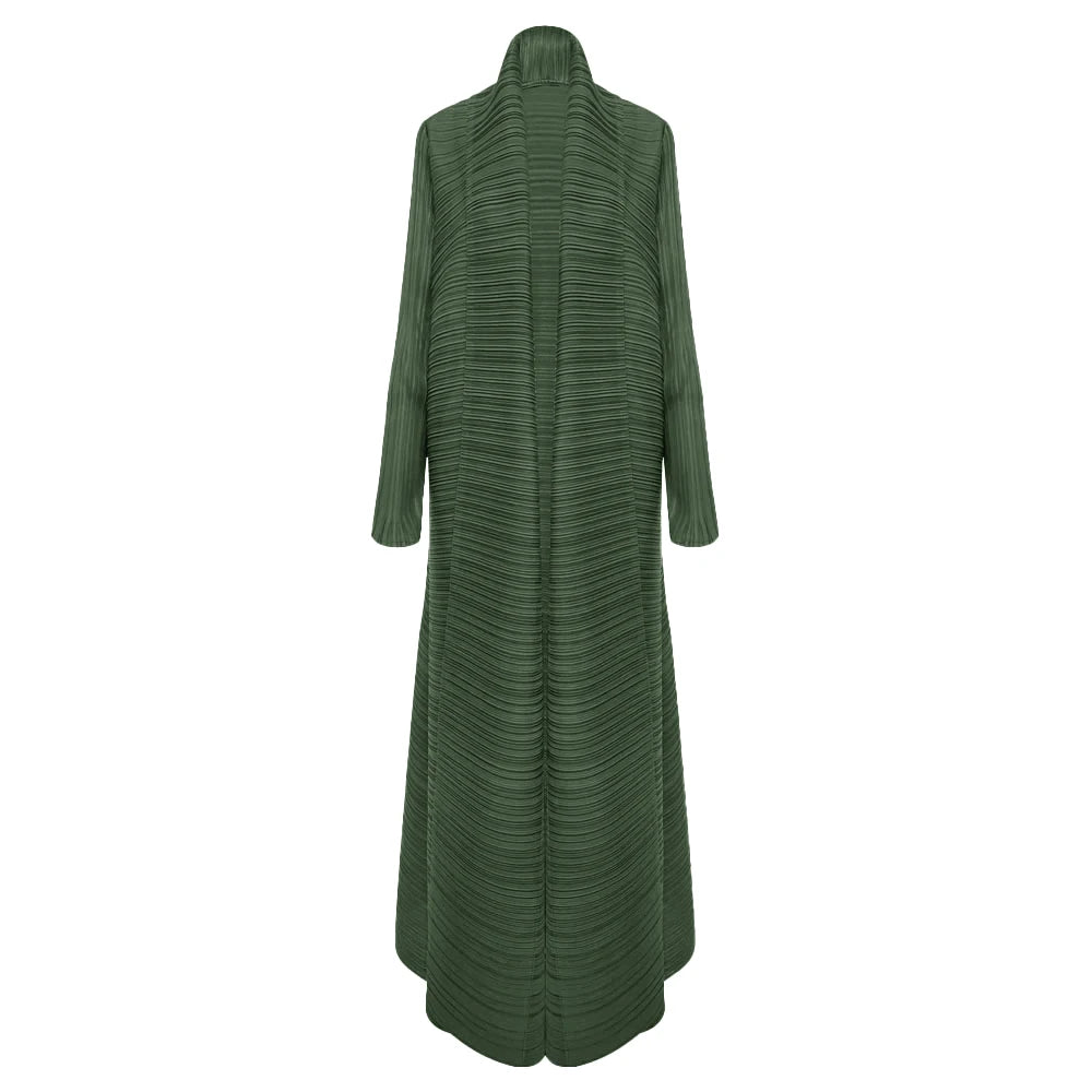 Miyake Pleated Turndown Collar Long Sleeve Cardigan Dress Long Coats Women New Abaya Fashion Solid Loose Large Size Clothes