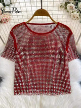 SHENGPALAE 2026 New Autumn Fashion Women Clothing Round Neck Short Sleeves Mesh Hollow Out Pullover T-shirt