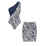 Summer Swimsuit and Skirt Flaxmaker Sexy One Shoulder Blue Color Block Paisley Print Swimsuit Sets Beachwear Biquini conjunto de