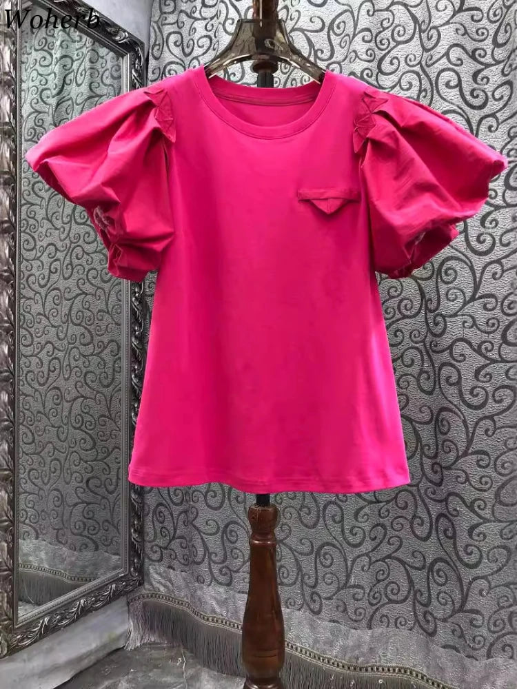 Vintage Simple Tshirts for Women Summer T-shirts Puff Sleeve O-neck Tees All Match Tops Fashion Sweet White Tees 2026 Ropa Mujer