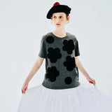 IMAKOKONI original design black flower polka dot printed T-shirt grey round neck puller short sleeve summer top