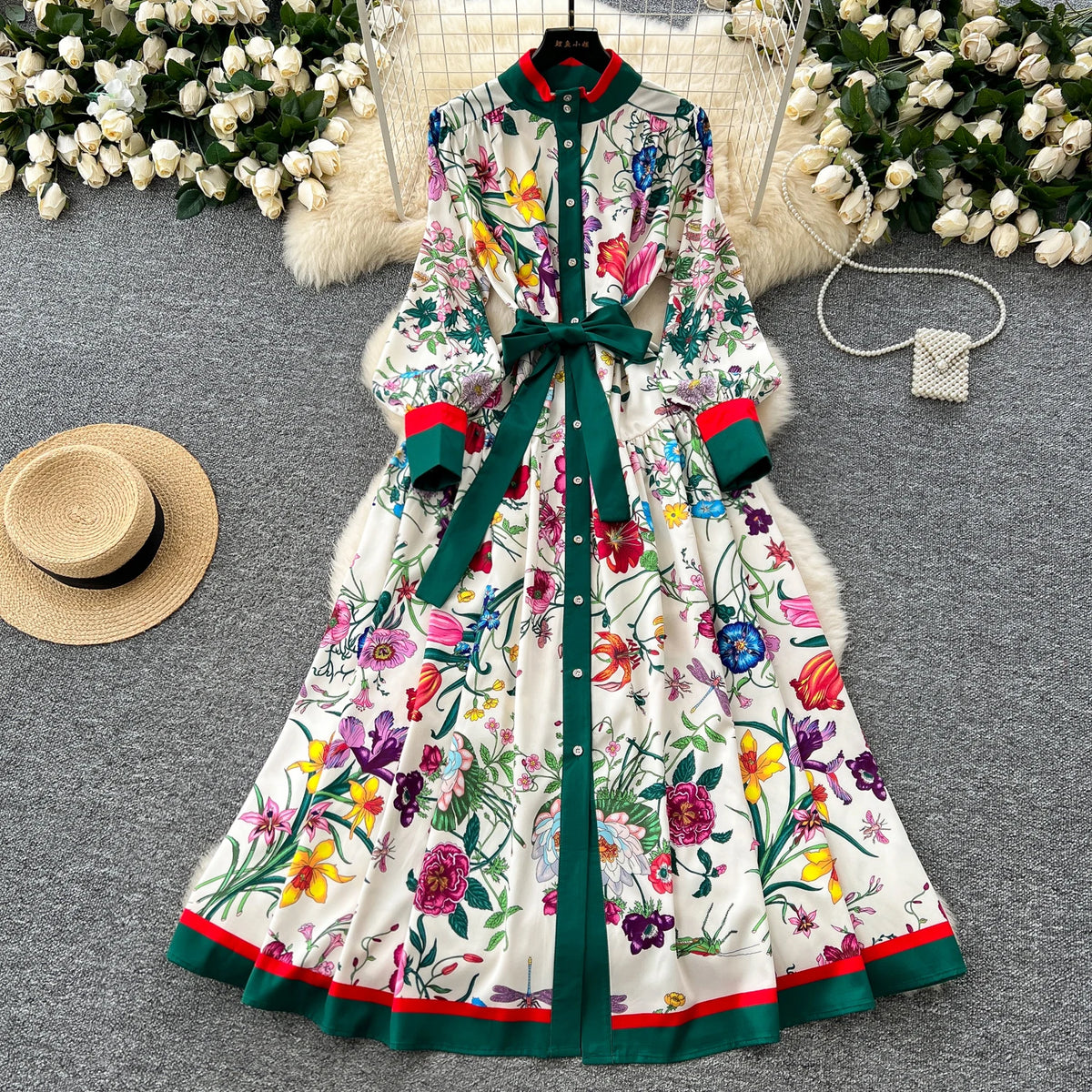 Retro Faion Print Stand Collar Single Button Women's Dr Waist Cinched Floor Length Skirt Korean Sle High Waist Long Sl...