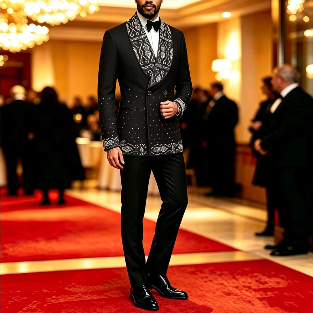 Men Black Double Breasted Tuxedo Suit 2 Pieces Silver Embroidery Rhinestone Shawl Lapel Slim Fit Jacket Pants Set Wedding Groom Blazer For Party Prom