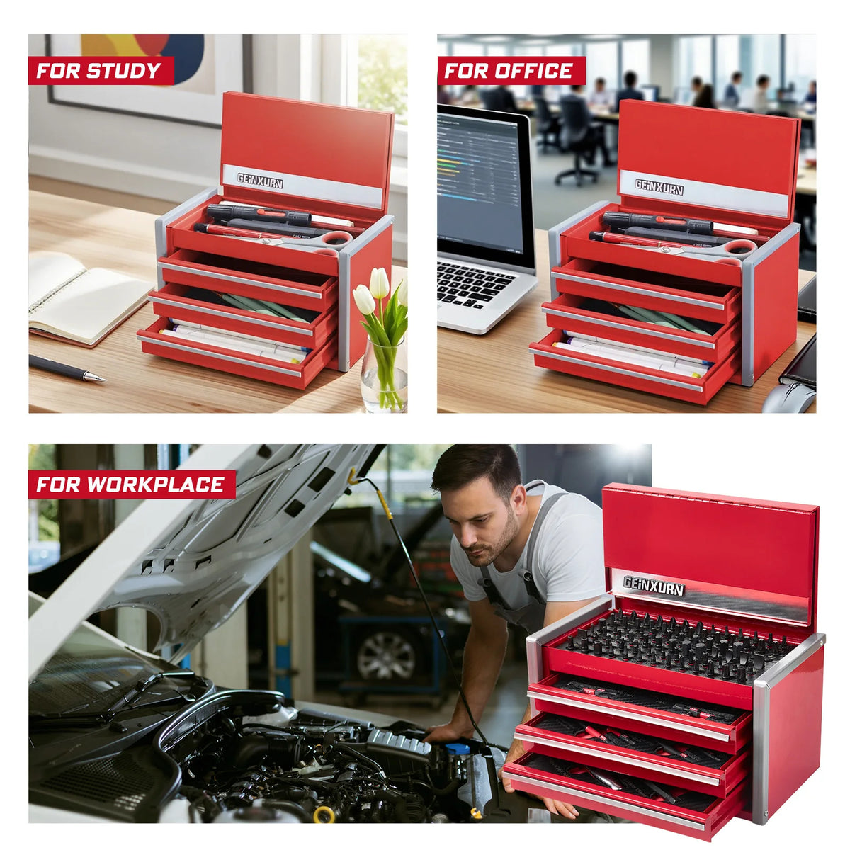 Geinxurn Tool Set, Heavy-Duty Red Tool Chest with 4 Drawers, Professional Socket for Auto Repair, Home Maintenance