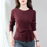 Korean Coffee Long Sleeved T-Shirt for Women's Autumn New High-End Cotton Fashion Plus Size Round Neck Loose Casual Top