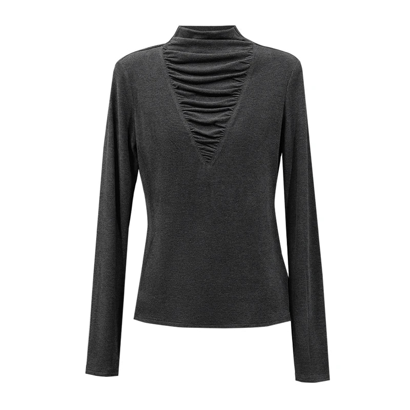 Amii Pile Collar Long Sleeve Tee Slim Fit Slimming Elegant Commuter Minimalist Versatile Winter 2026 Tops for Women 12644048