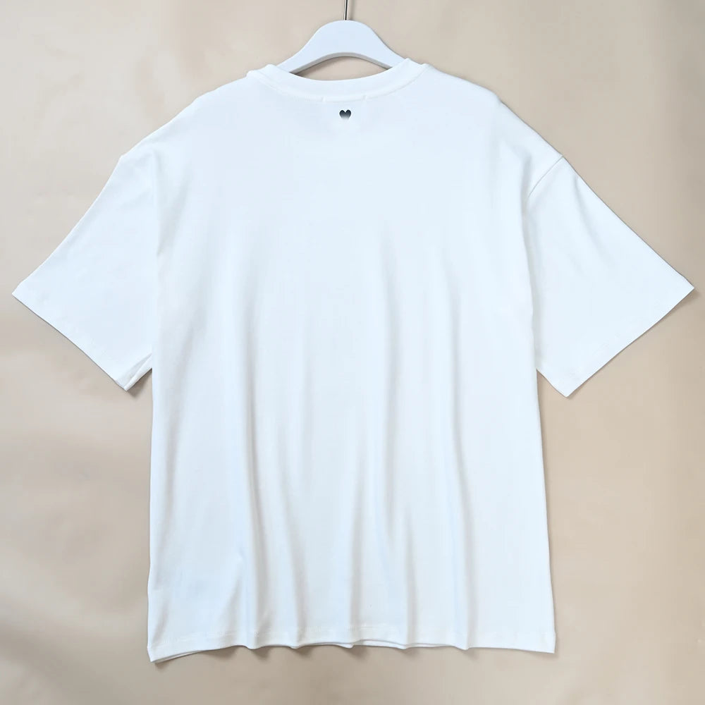 Summer New Women's Cotton Heat Transfer Letter round Neck Loose Casual Shoulder T-Shirt Short Sleeve Print Casual Style