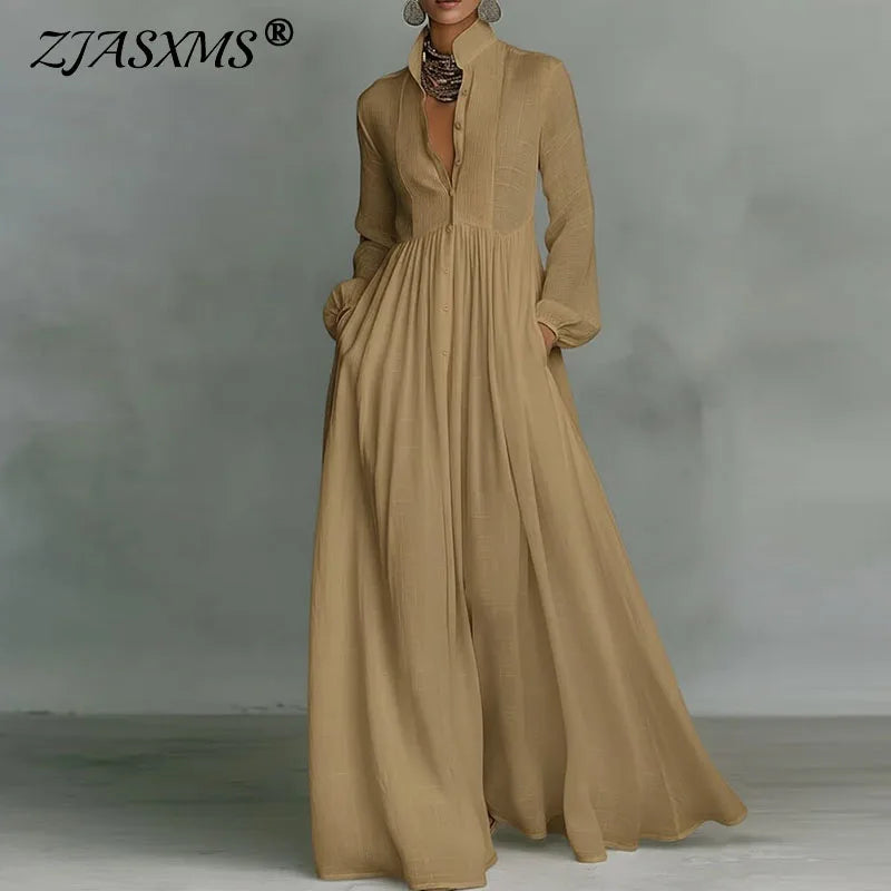 Spring Elegant Pocket Maxi Shirt Dress Women Long Sleeve Button-Down Flowy A-Line Dress Summer Beach Vacation Boho Party Dresses