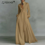 Spring Elegant Pocket Maxi Shirt Dress Women Long Sleeve Button-Down Flowy A-Line Dress Summer Beach Vacation Boho Party Dresses
