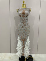 Women Sparkly Rhinestone Feathers Sleeveless O Neck Bodycon Long Dress Wedding Guest Gowns Luxury Birthday Evening Party Dress