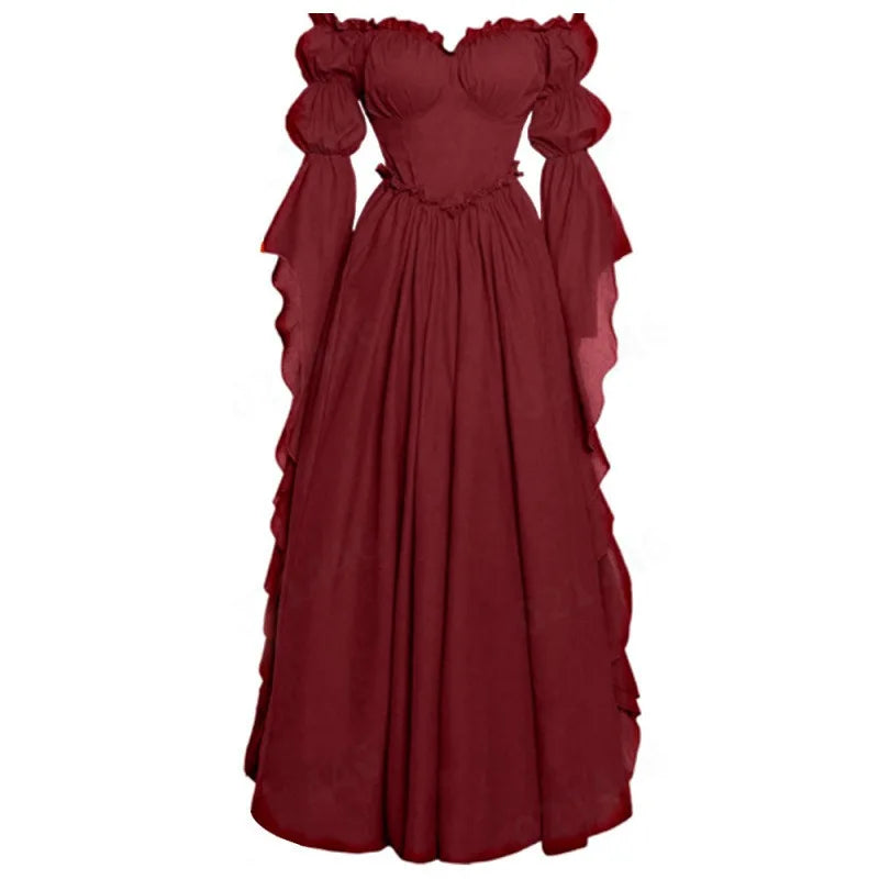 Women's Renaissance Gothic Court Off Shoulder Maxi Dress Vintage Ruffle Hem Medieval Victorian Stage Performance Costume Gown