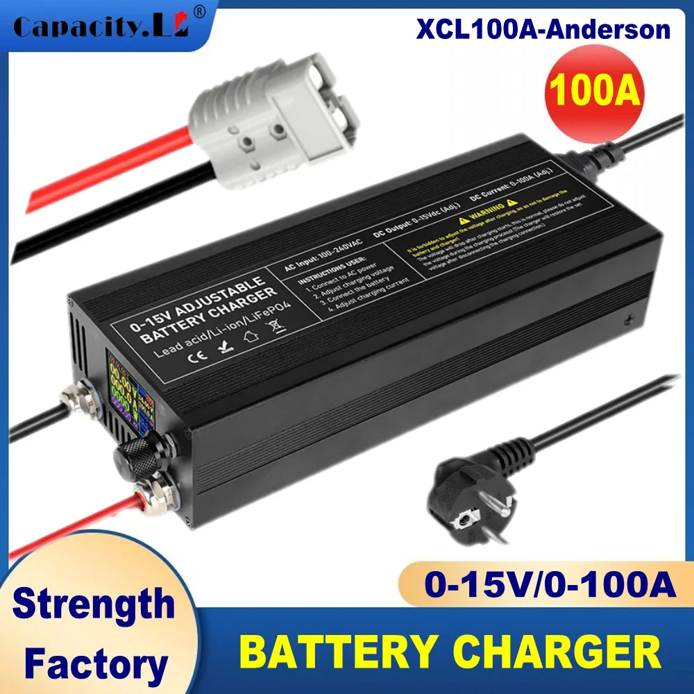 12v 100A 60a lithium Battery Charger 30A 20A 40A 50A Fast Charger with Adjustable Current 100V-240V for Lifepo4 Lithium Battery