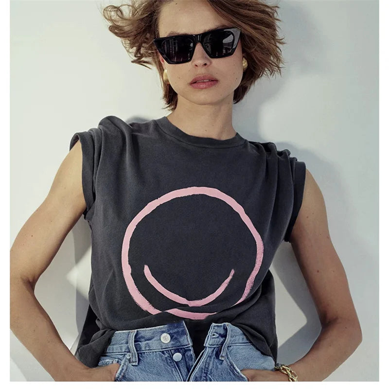 The North America Style Women's Summer 100% Cotton Fashionable Casual Slim Fit Face Printed Round Neck Short Sleeved T-shirt Top