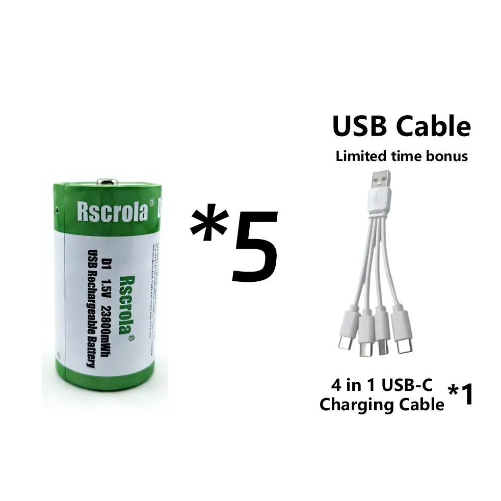 USB D Li-ion Rechargeable Batteries, High Capacity 1.5V 23800mWh Rechargeable D Battery, 4 H Fast Charge with Type C Port Cable