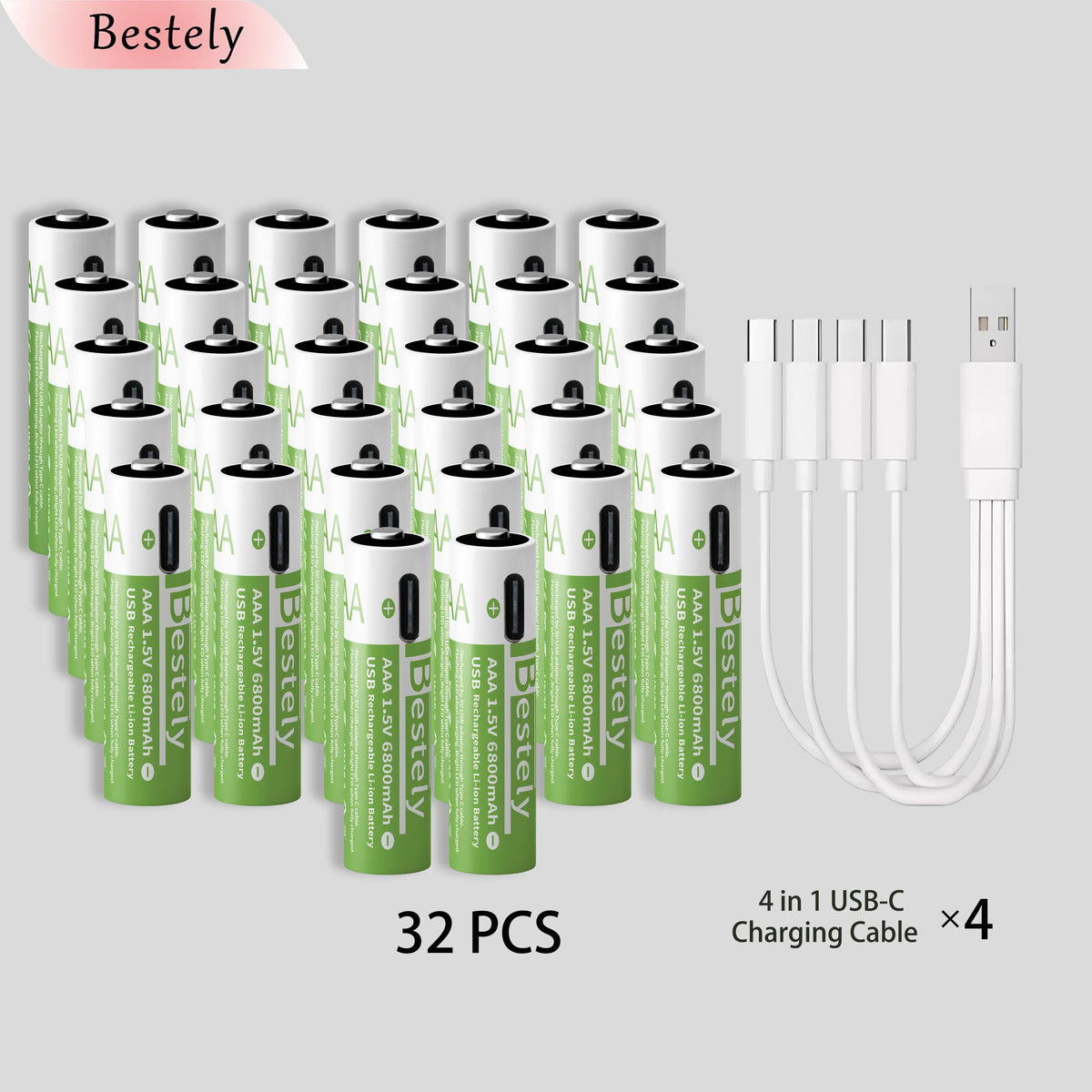 Bestely 1.5V/AAA 6800mAh High Capacity Rechargeable Lithium Batteries Type-C /USB AAA Li-ion Battery 2000 Times/Cycle with Cable