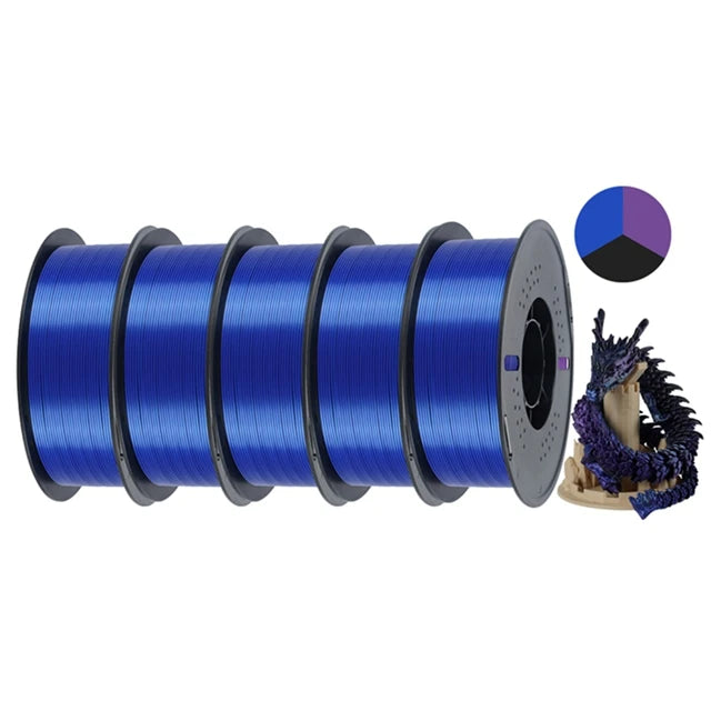 KINGROON 5KG Silk Tricolor PLA Filament 1.75mm, Three-colour Coextrusion 3D Printing Material, New Color Change, 5Roll 1kg/Spool