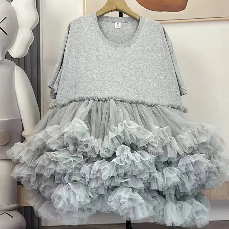 [EWQ] Fashion Streetwear Ball Gown Dress Solid Colors Spliced Irregular Mesh Loose Women Dresses 2025 Summer New Tide 16O6549