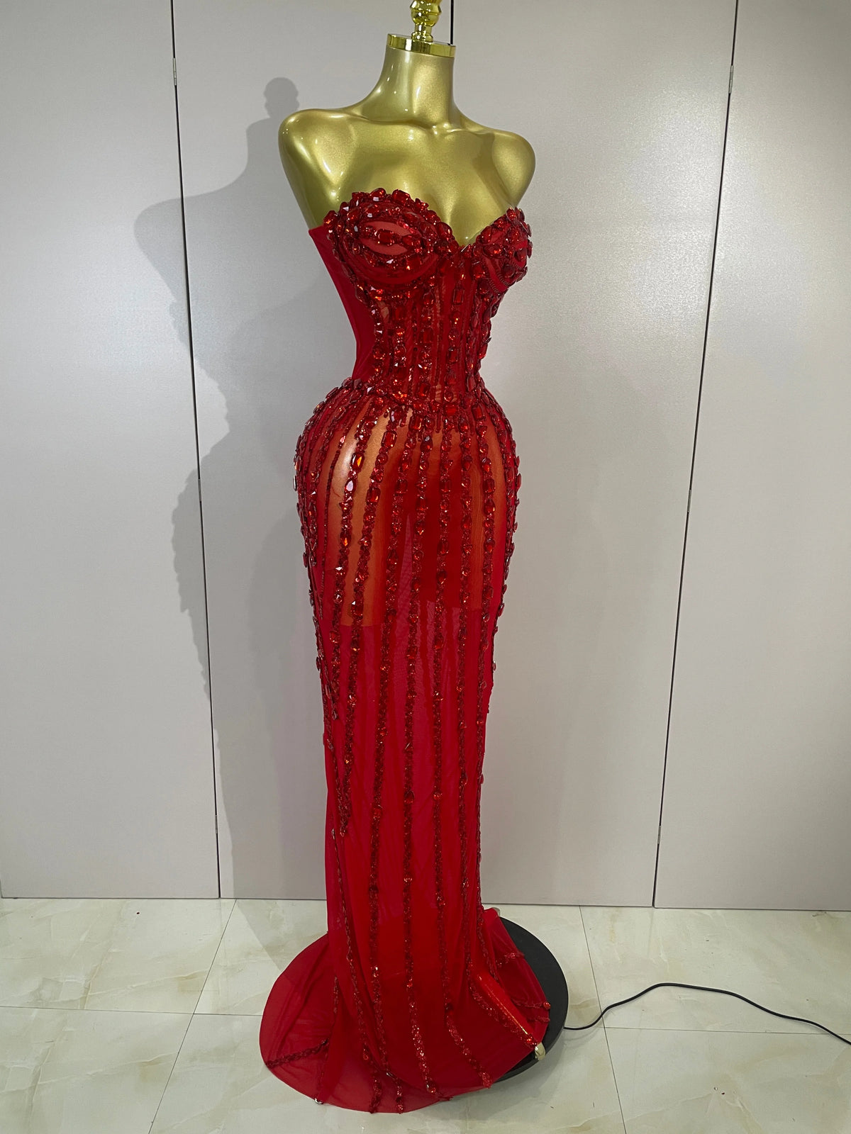 Sexy Red Strapless Mesh See Through Long Dress Evening Party Luxury Sparkly Diamond Birthday Nightclub PhotoShoot Stage Costumes