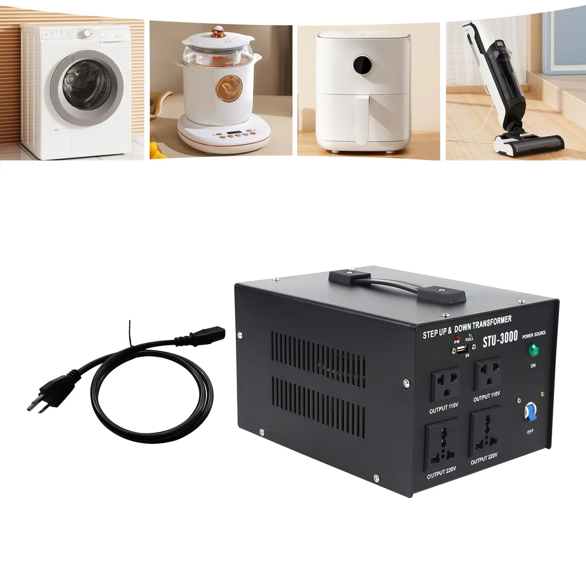 3000W Voltage Converter Transformer Power Converter Step Up/Step Down 110V to 220V 220V to 110V Heavy Duty 5V USB Port Black