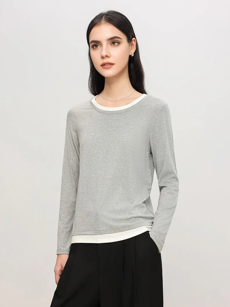SuyaDream Women Cozy T Shirts, Silk Viscose Blend, Plain O Neck Long Sleeved Tee, 2025 Spring Autumn Basic Top, Black, Grey