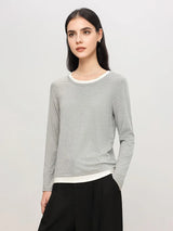 SuyaDream Women Cozy T Shirts, Silk Viscose Blend, Plain O Neck Long Sleeved Tee, 2025 Spring Autumn Basic Top, Black, Grey