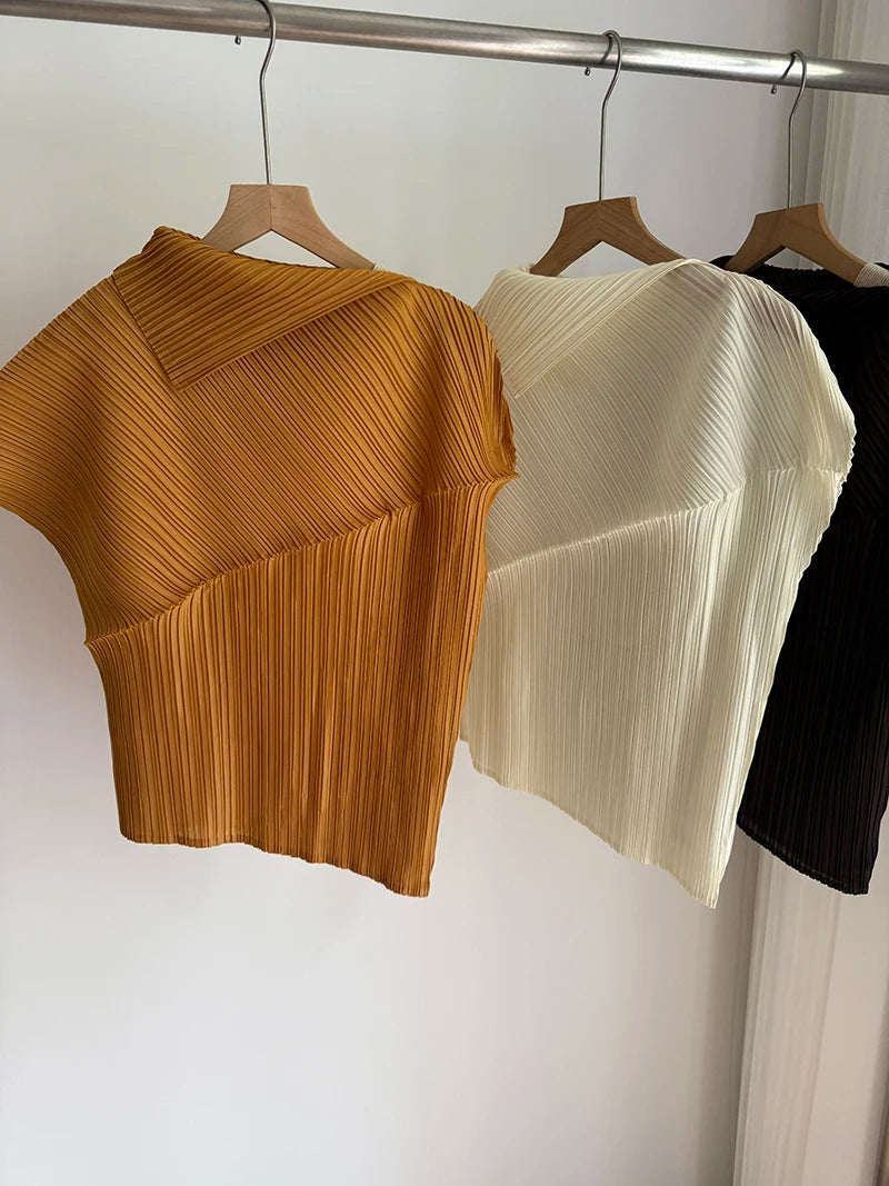 Miyake Pleated Summer New Asymmetrical Lapel Short-sleeved T-shirt