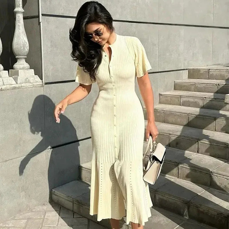 Fashion Patchwork Pleated Maxi Dress Women Elegant Ruffle Hem Knitted Long Dress Female 2025 New Summer Evening Party Vestidos