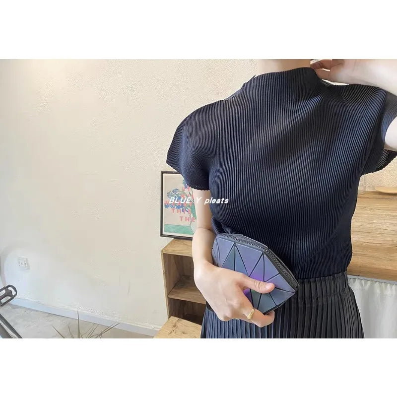Pleated White Top Half High Neck Short Sleeve T-shirt Women's Black Loose Fashion High Quality Korean Edition Women's Top