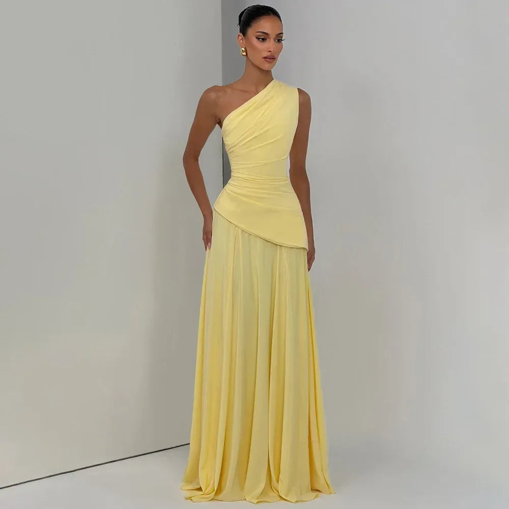 Pale Yellow One Shoulder Ruched Maxi Dress Women Fashion Asymmetrical High Waist Flowing Chiffon Dresses Lady Daily Party Gowns