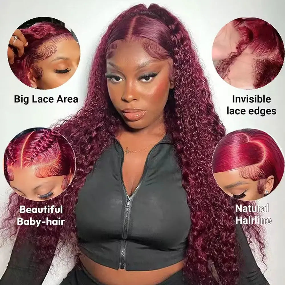 250% 13x4 HD Transparent 99J Burgundy Loose Wave Lace Front Wigs Deep