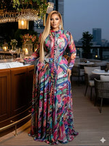 CM.YAYA Women O-neck Full Sleeve Big Swing Tie Dye Print Long Dress 2026 Sexy Beach Party Evening Vacation Maxi Dresses Vestidos