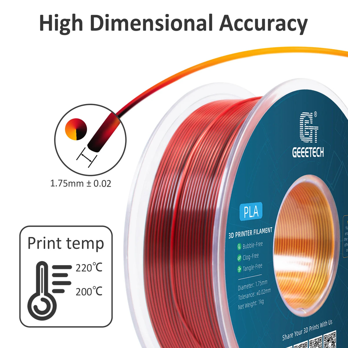 Geeetech 5Kg Three Tri Color Silk PLA Filament , 3D Filament 1,75 mm Spool Wire  (+/-0.03mm) Vacuum packaging, special color