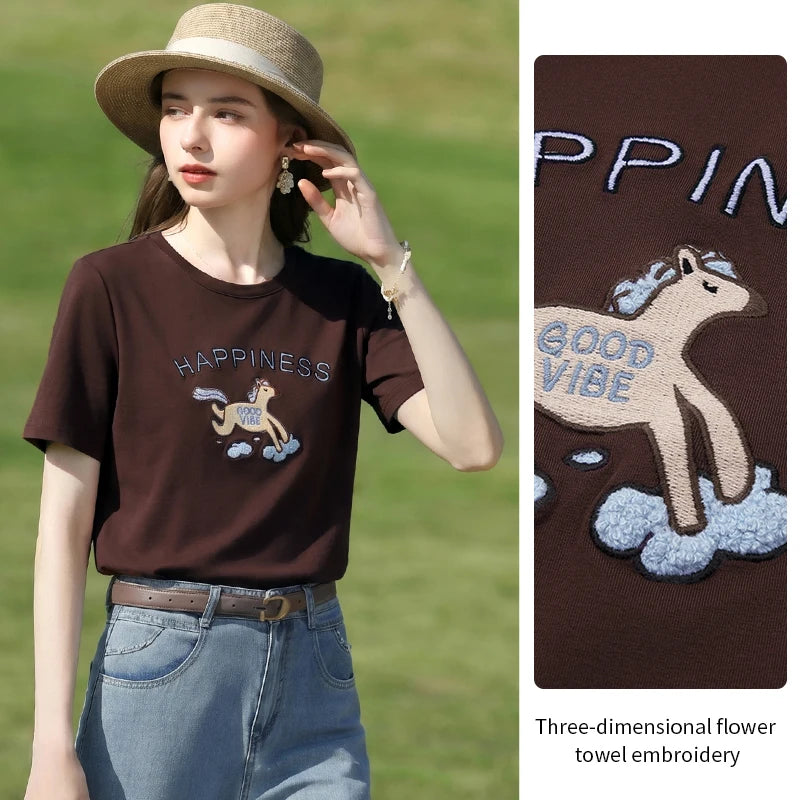 I BELIEVE YOU Brown Pony Letter Embroidered Short Sleeved T-Shirt For Women 2026 Summer New Casual Commuter Top 2262016364