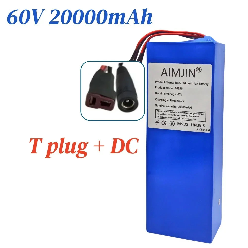 16S5P 60V 20Ah lithium battery pack 2000W high-power with built-in BMS for Motorcycle, scooter, Bicycle MotorReplace battery