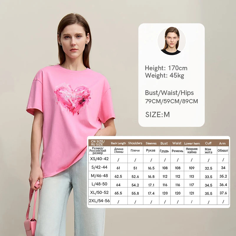 Amii Woman T-shirts 2026 Summer Anti-Bacterial Loose Fit Round Neck Tee Heart Print Cotton Casual Knit Short Sleeve Top 12622026