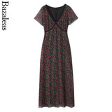 2025 Elegant lace Dress for summer V neckline Women short sleeve Party Dress midi rose Flora print holiday party dresses