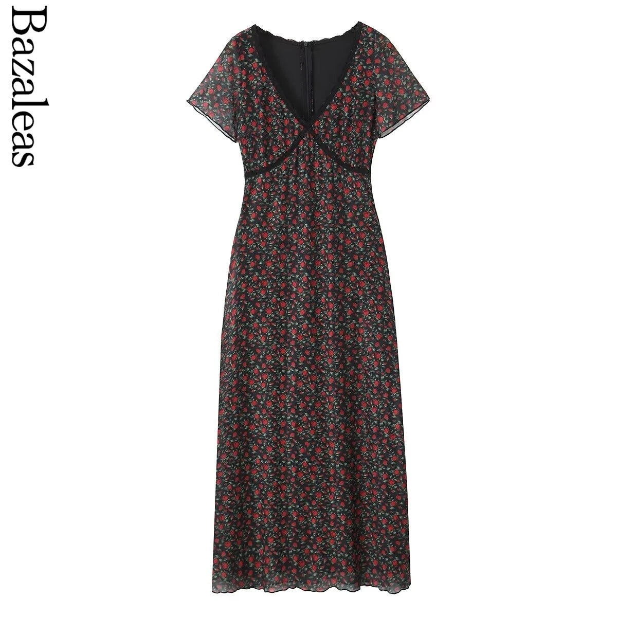 2025 Elegant lace Dress for summer V neckline Women short sleeve Party Dress midi rose Flora print holiday party dresses