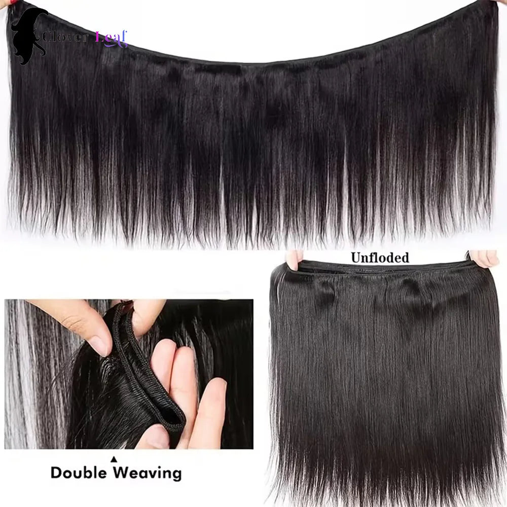 Straight Human Hair Bundles with frontal 13x4 Raw Hair Bundles 100% Human Hair Extensions Weave 3 Bundles with 13x4/6 HD Frontal