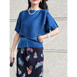 Pleated Top 2026 New Round Neck Short Sleeve Batwing T-Shirt Women Summer Lightweight Vacation Travel Women's Clothing