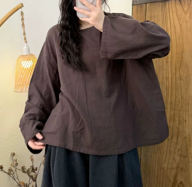 Cotton Lady T shirt Long Sleeve 2026 Spring Summer Round Neck Casual Loose Korean Fashion Classic Vintage Elegant Clothes