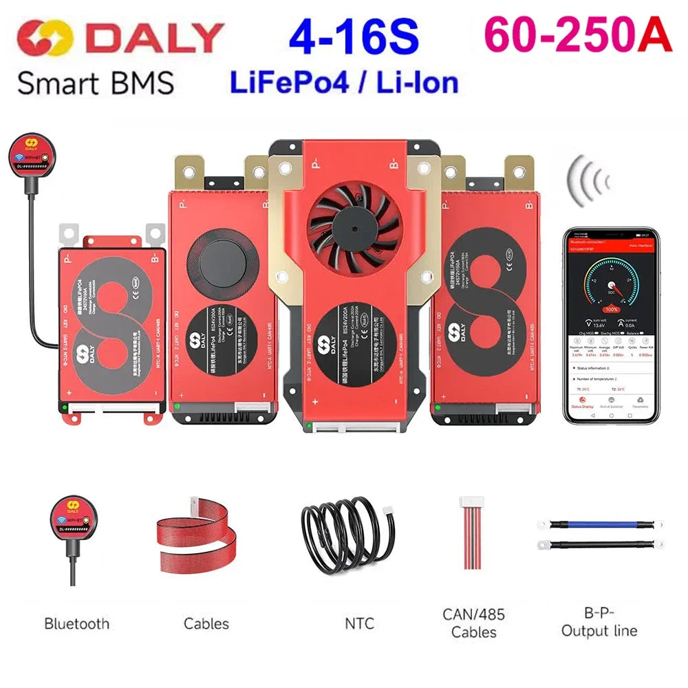 Daly Smart BMS LiFePo4 Li-Ion 18650 Battery 16S 48V BMS 3S 8S 12S 24S 12V 24V 36V 60V 30A 60A 80A 100A 150A 200A 250A 500A