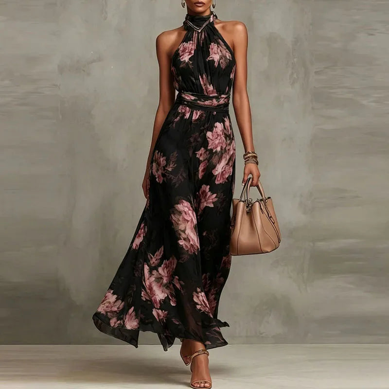 Elegant Halter Off Shoulder Hollow Party Dresses Woman Spring Floral Print Chiffon Long Dress Boho Sleeveless Summer Beach Dress