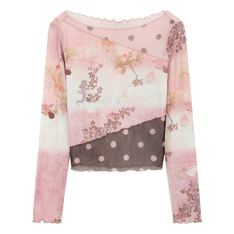 ELFSACK Women's Oriental Asymmetrical T-shirt with Floral Polka Dot Print, Lightweight Long Sleeve Patchwork Tee for Summer
